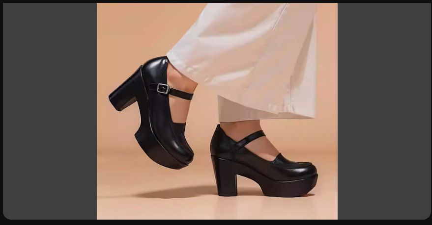 photo of lower legs and shoes. Person is wearing white trousers, and the shoes are a black Mary Jane style but with chunky sloped heels, maybe 2" high, and the sole is a 1" or maybe a little more platform