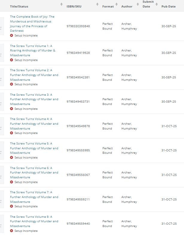 IngramSpark dashboard showing all nine titles along with new ISBN numbers