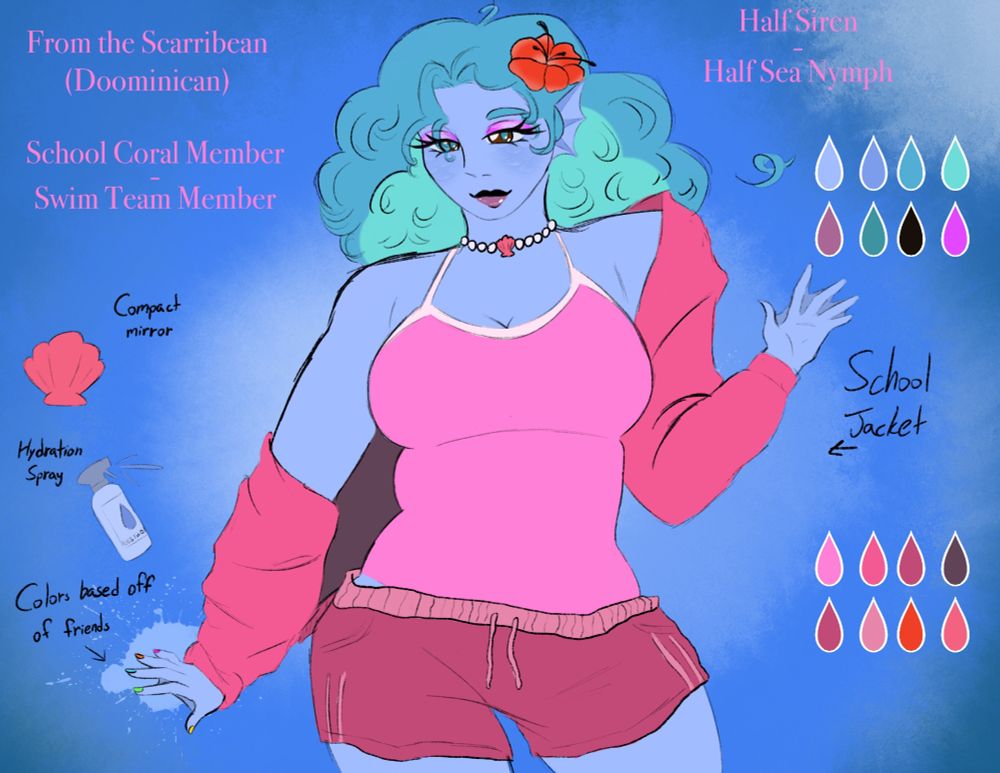 a reference of my monster high sona. 

a shell has next to it that says "compact mirror", and a spray bottle is labeled "hydration spray." an arrow points at the "school jacket" the sona has on, and an arrow points at their painted nails with "colors based off of friends"

additional text:

"From the Scarribean (Doominican)"
"School Coral Member - Swim Team Member"
"Half Siren - Half Sea Nymph"