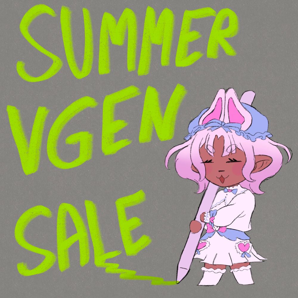 a chibi humanoid with bunny ears holds a large pen, with scribbles from said pen connected to the words "Summer VGen Sale"