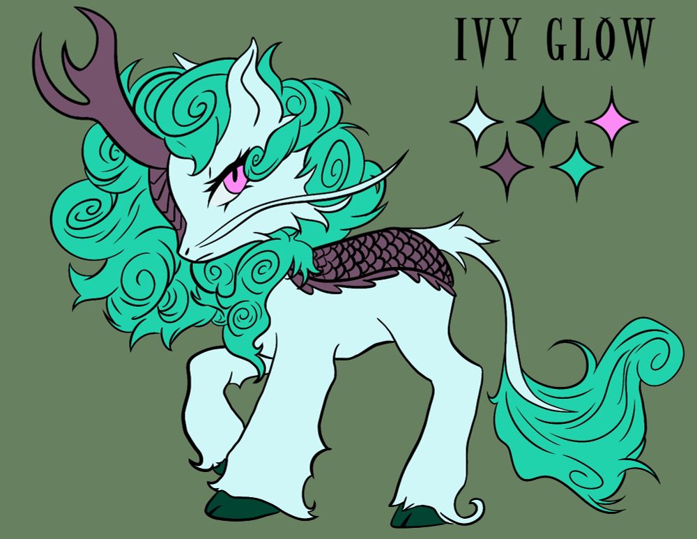 an mlp oc that's a kirin gazes apathetically at the viewer. her name is shown to be "Ivy Glow", with color references next to her