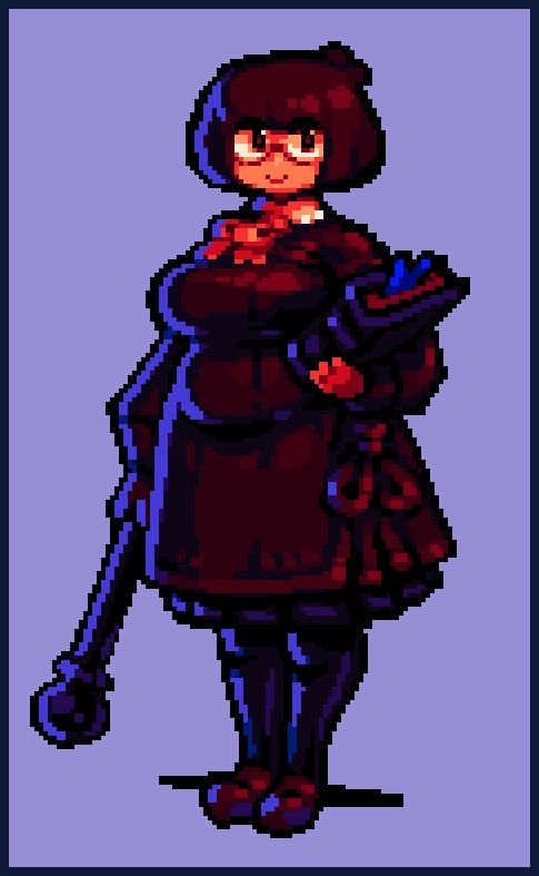 Nana, an adventurer, mage class. She's short and fat. She has peach-coloured skin and red-brown hair. She wears a wine-red uniform-like robe with an orange bow at its collar and orange gloves over a purple pleated skirt, purple hose and red Mary Jane shoes. She's smiling, holding a grimoire with her left arm and a magic staff with her right arm.