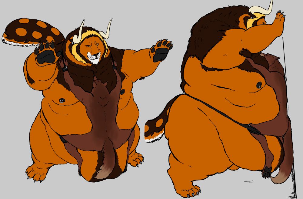 Thygor with a set of ropes holding a much smaller wolf against his belly and pushing them into a wall in a way where they fuck his navel. The wolf is restrained by cuffs that are also fastening him to Thygor's huge gut