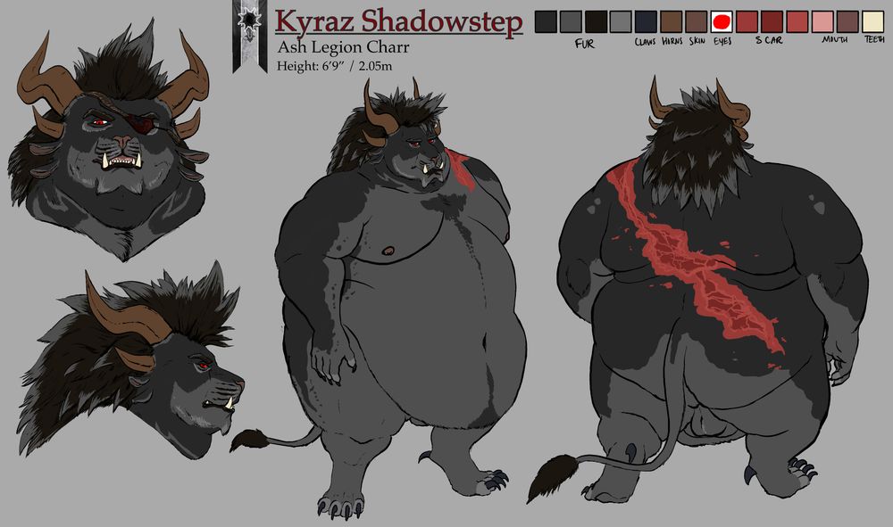 Reference sheet for Kyraz, a very large male charr with a belly hanging down to his knees. On the left are two headshots, the front facing one wearing an eye patch that he wears to keep his eyes adjusted to the dark at all times. His back is heavily scarred from a burn years ago. The burn starts at the top of his left shoulder and continues all the way down to the lower right part of his rear.
