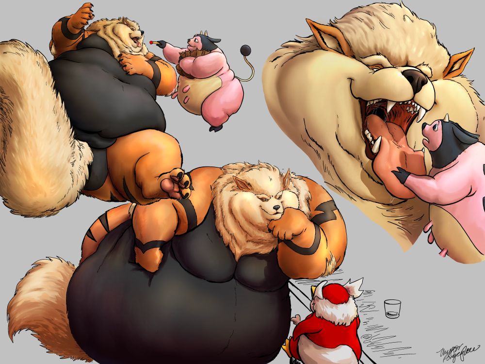 Arcamedes being doted on by a highly attentive feeder Miltank. He convinces the Miltank to explore his maw and is soon hitting on a new potenial feeder, a Delibird in a bar. Arca's enormous gut is resting on the ground, clearly distended by all the food (and the former feeder) he has eaten