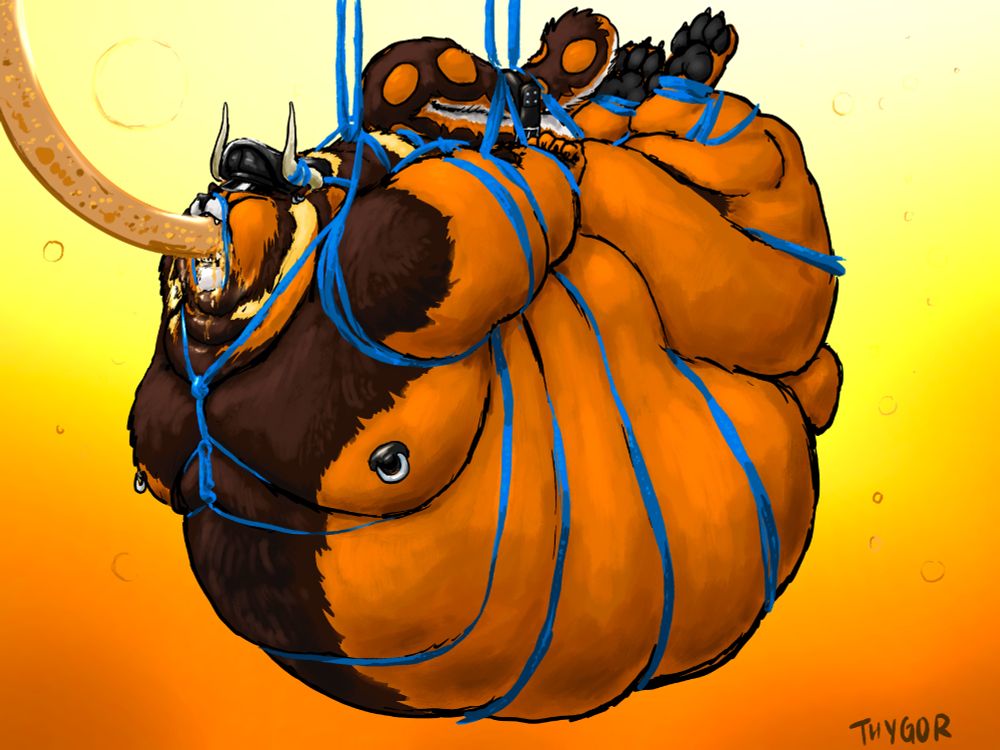 Thygor had been bound, forcefed, and fattened to immobility more times than he could count. Tonight was different. Despite his helpless exposed nature, he kept his cool composed demeanor, gulping rhythmically for half an hour. But as his belly and limbs continued to swell, paunches of fat drooping down and touching in places it previously hadn't, a sudden panic set in; the ropes had grown no more snug.

Thygor's eyes opened wide. He thrashed around violently, but the network of ropes kept him completely immobilized. He tried to claw at the ropes near his hands but he could only dig into his palms as the rope lay just out of reach. The few movements he could make would prove insufficient to generate any amount of fire, so he next resorted to shapeshifting. And yet despite Thygor's absolute focus, every attempt failed him, much like a nightmare where one might try to scream and yet barely utter a peep. His heart sinking into his ever-expanding stomach, he couldn't help but feel aroused by the unexpected powerlessness~