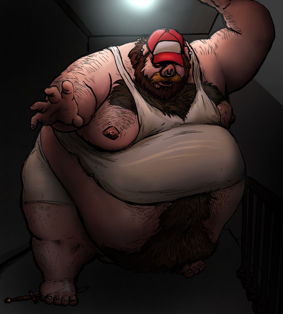 Fatback lurching his way towards the viewer who is trying to escape him. He is going to eat them. He takes up the entire scene and has to support himself on the ceiling as his massive frame wobbles forth