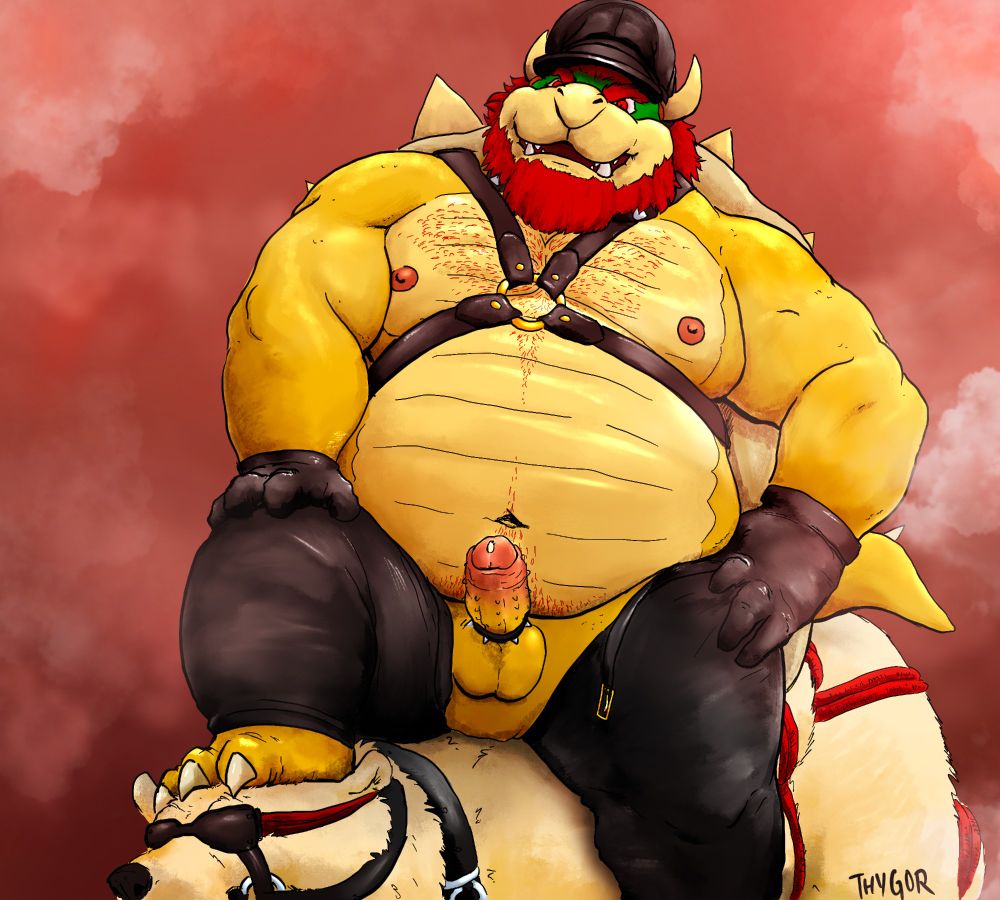Bowser stepping on a subby polar bear, his cock is out and he's fully leather clad, wearing chaps, gloves, a harness, and a miur cap. He's fully erect in a smoky room.
