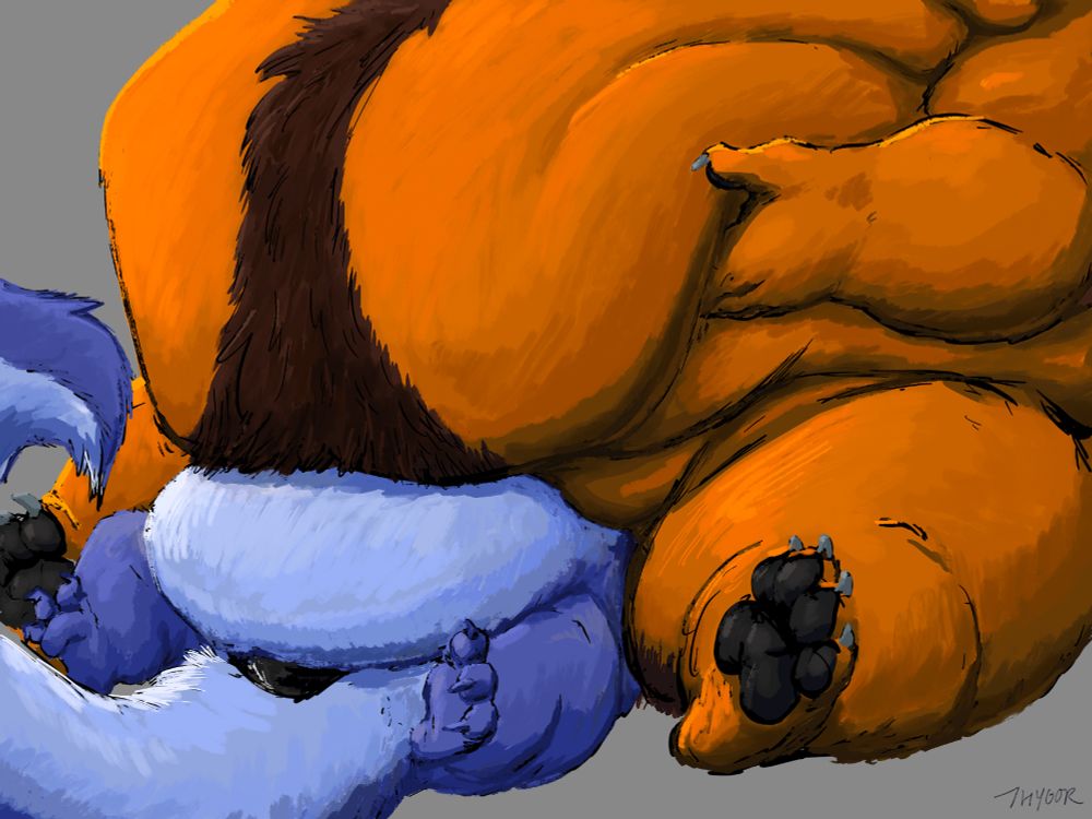 Drakoknight being smothered under a solid ton of lion demon blubber. His tail sticks out and his belly squishes down on his nicely nestled leather jock while his toes curl with delight. Thygor is lifting his belly just enough to softly carress Drako with the bottom of his flab whilst being careful not to crush him