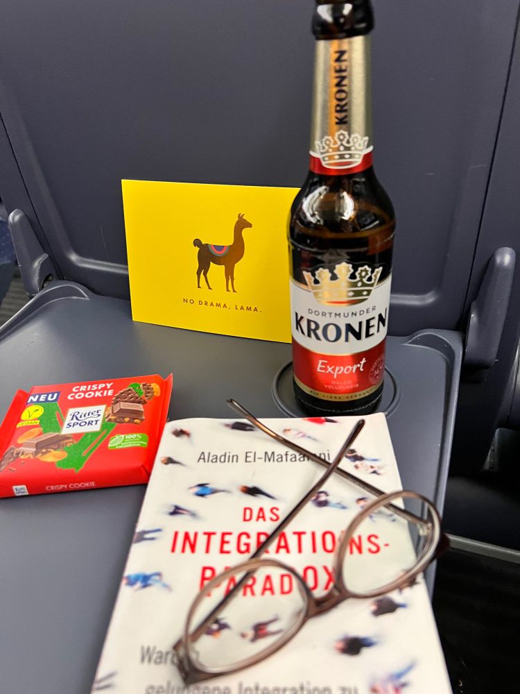 Buch über Integration, Brille, Karte mit Lama und Schokolade in Zug