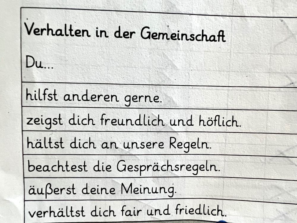 Grundschul-Zeugnisrubrik zu Verhalten in der Gemeinschaft, darunter Hilfbereitschaft und Fairness