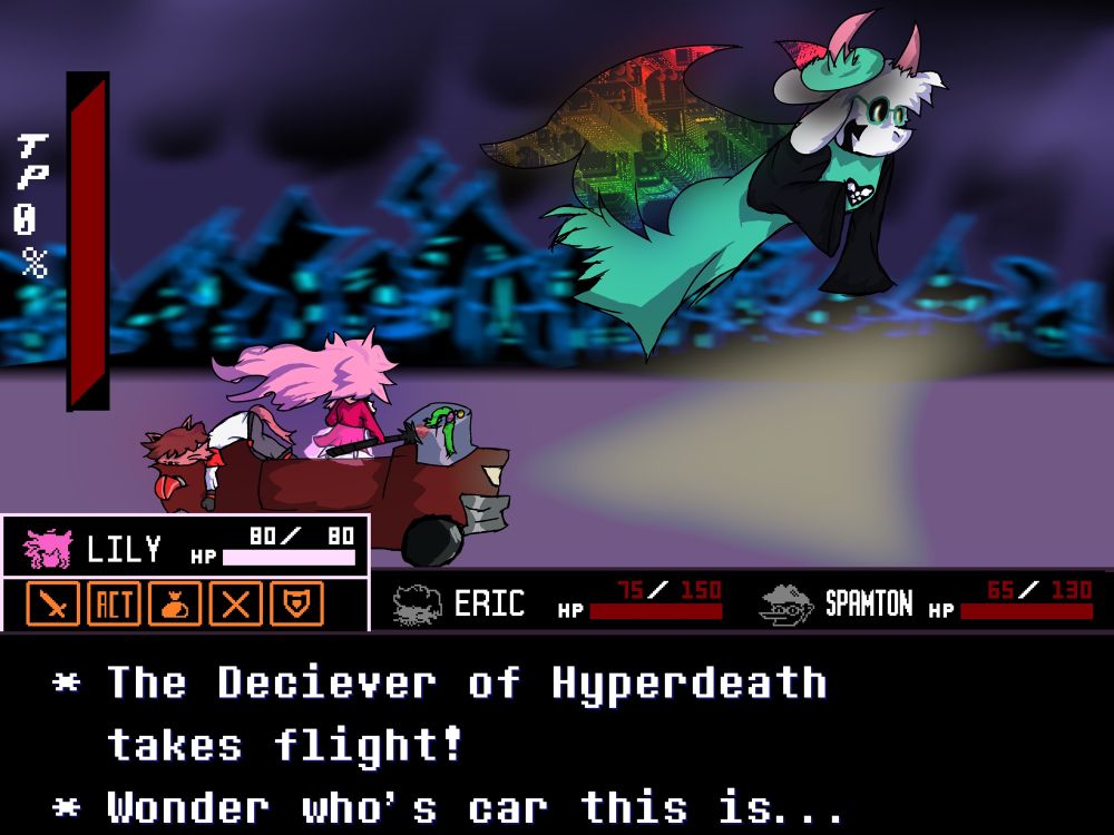 Ralsei vs Lily, Eric, and Spamton
Ralsei resembles Asriel’s appearance in the True Pacifist ending of Undertale
Eric and Spamton are downed
* The Deciever of Hyperdeath takes flight!
* Wonder who’s car this is…