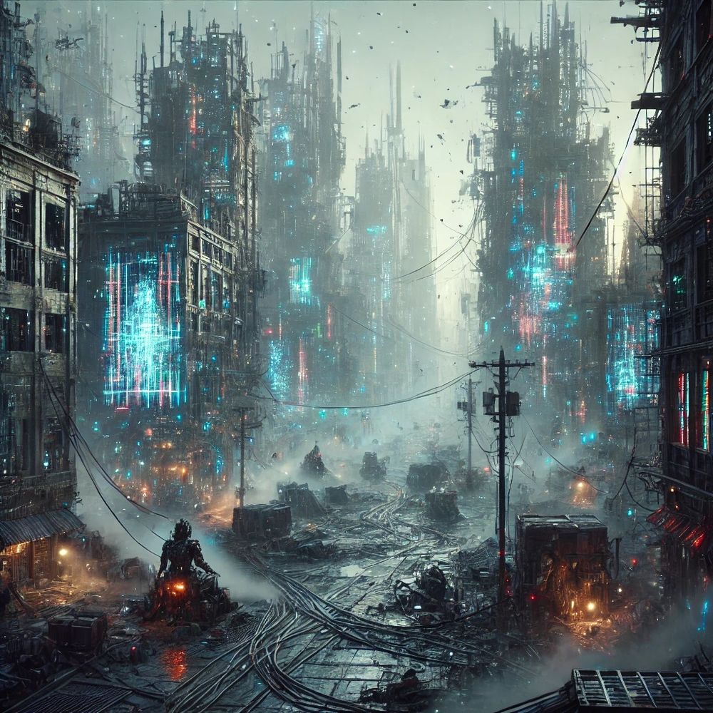 A dystopian cityscape in decay with crumbling steel towers under a static-gray sky. Flickering neon lights and glitching digital billboards cast an eerie glow. Ash drifts through the air while rust-covered robots and broken machines stand motionless in the empty streets. The scene feels cold, lifeless, and post-apocalyptic, evoking a sense of lost civilisation and failed technology.