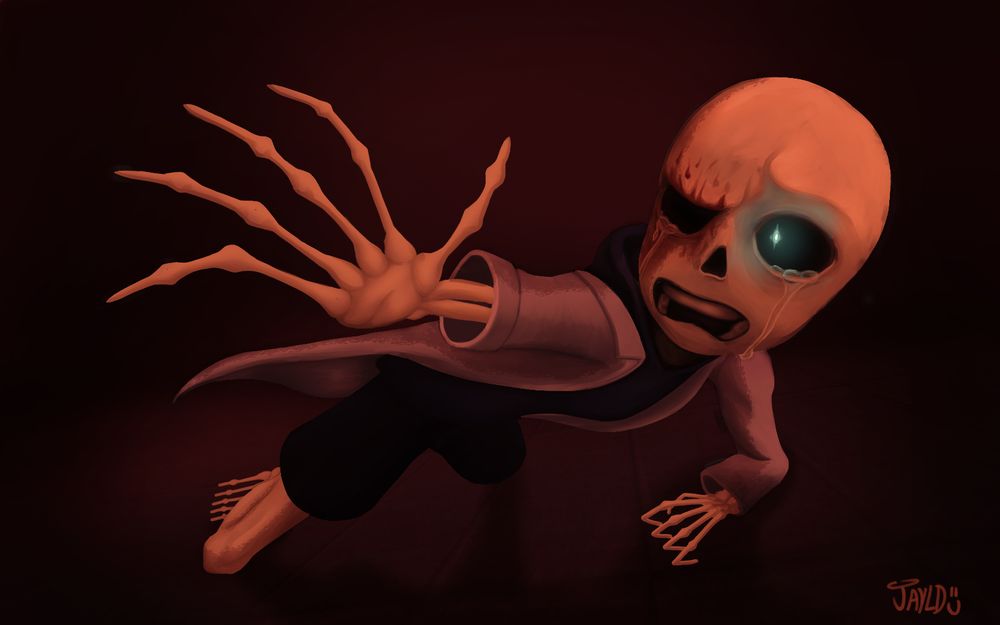 Sans from undertale reaches out towards someone behind the camera, an anguished expression on his face. His right eye socket is covered in blood, and the image atmosphere is predominantly formed from reds and blacks.