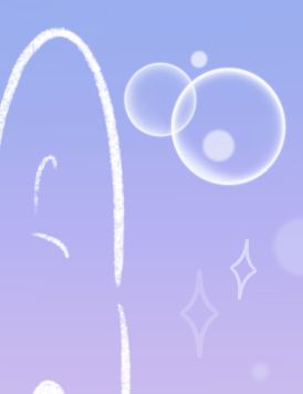 white sketch lines in a tall dome like shape, like an ear almost, alongside fuzzy bubbles similar to those you'd see in 90's anime environments. two sparkles are off to the side. the background is a cool periwinkle fading down into a peachy desaturated pink.