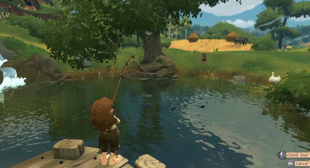 a brunette hobbit standing in front of a pond, waiting for a fish to catch on their fishing line