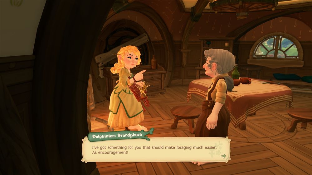 a blonde hobbit speaking to a grey haired hobbit inside a run down hobbithole