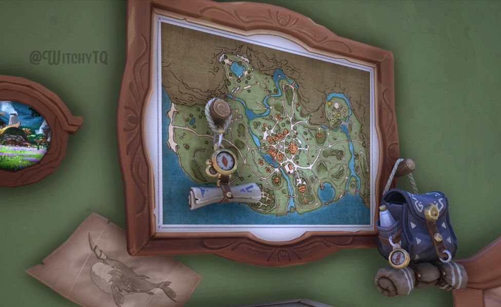 Palia video game screenshot. A map of Kilima hangs on the wall, a compass hangs off a wood peg, the peg is almost in the middle of the map. A backpack hands from a wooden peg that looks like it's coming out of the frame but they are two different items. Another small photo and drawing sit elsewhere on the wall.