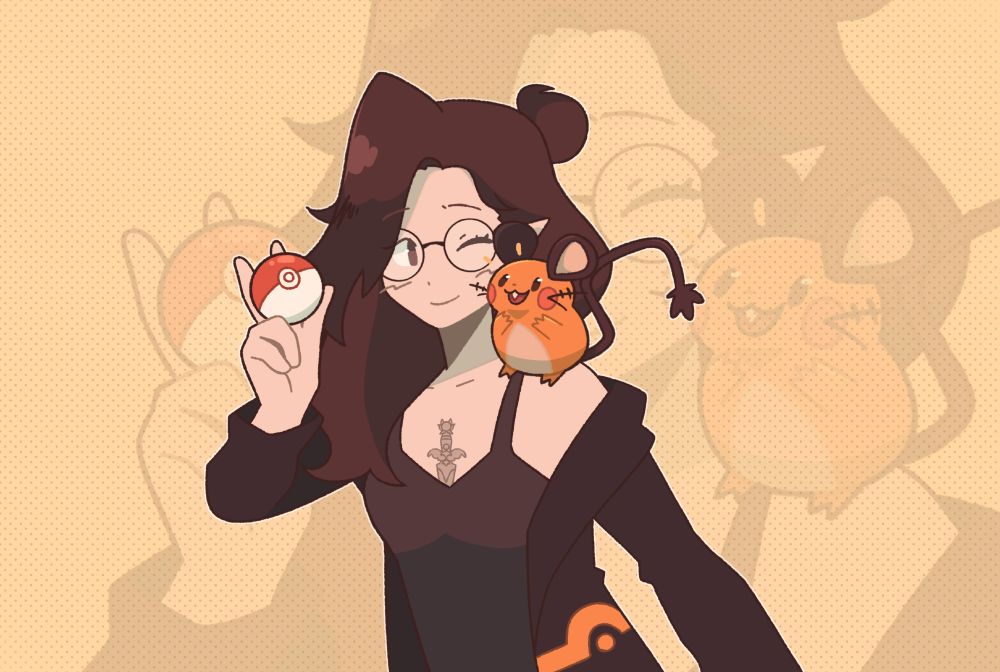 witchytq as a pokemon trainer wearing a black tank and a black long jacket with orange pokeball like marking matching dedennes body colour, who happens to be sitting on her left shoulder where the jacket is falling down. she's holding a basic pokeball in her right hand and winking towards dedenne who looks happily up at her.