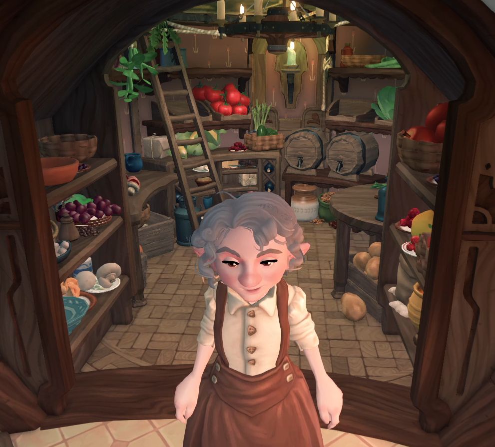 a grey haired hobbit standing in front of a stocked pantry.