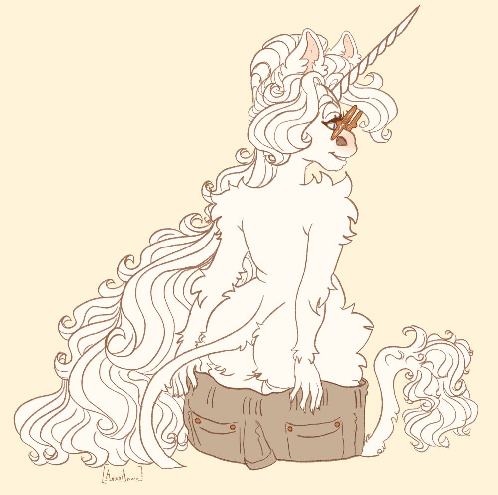 Digital illustration of Anton the slightly chubby white anthro unicorn, seen from the back nearly naked aside from the high waisted pants he’s currently taking off and his large gold circle glasses.