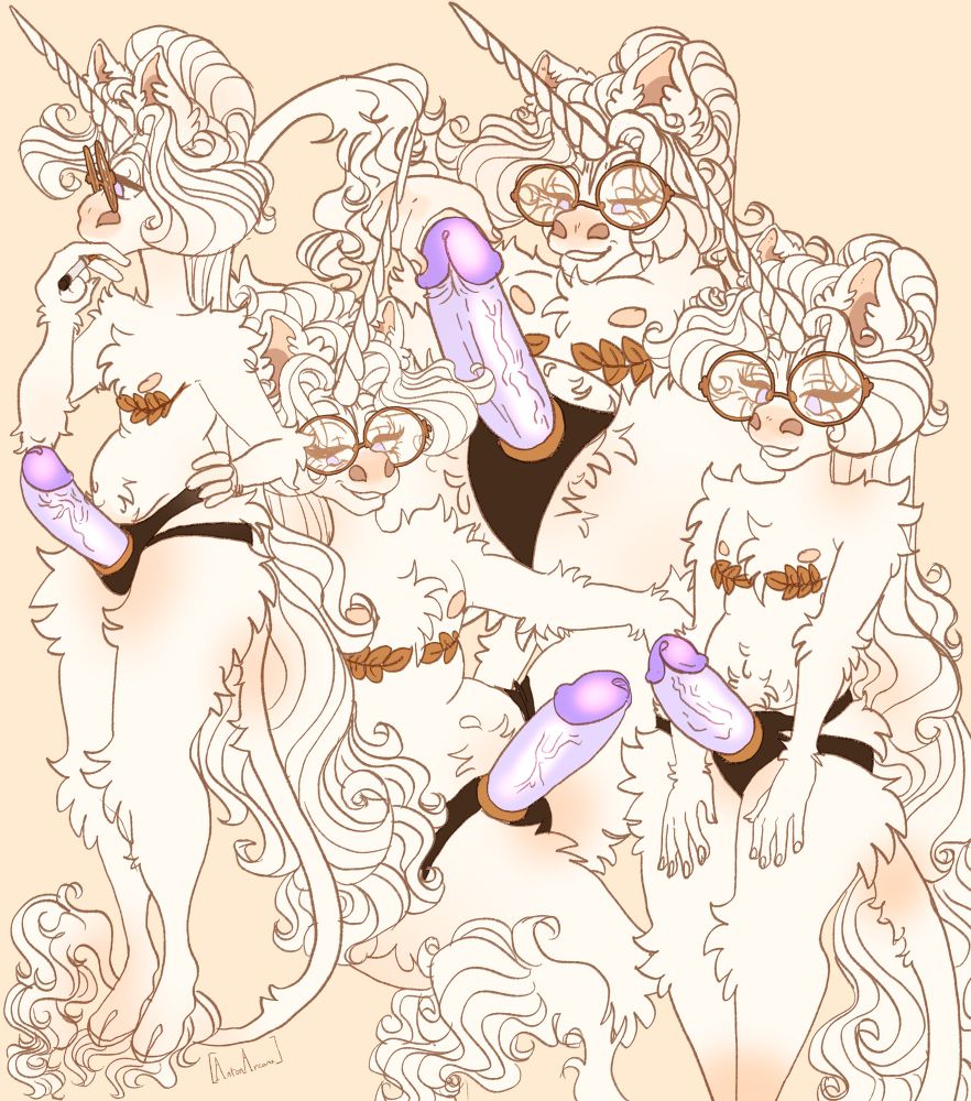 Digital doodle page of Anton the slightly chubby white transmasc unicorn posing in various ways, naked aside from his glasses and a purple strap on in a brown and gold leather harness.