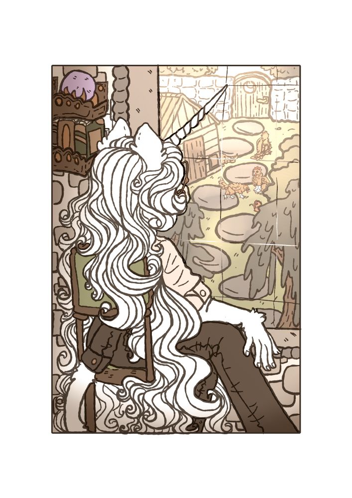 A digital comic page of a single panel depicting Anton, a waifish white heraldic unicorn man, sitting on a chair in front of the large window of his bedroom at the top of a tower. He is watching the henbeasts - Chicken like gryphon creatures - In the garden below.