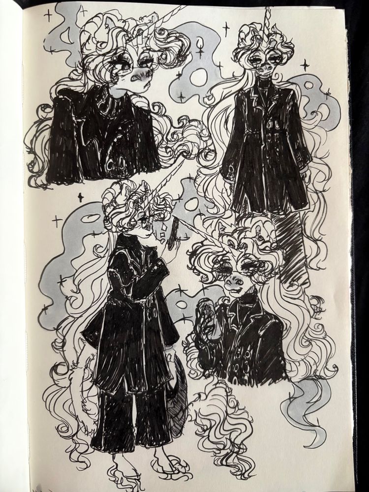 A sketchbook page with four black brush pen drawings of Anton the white unicorn man wearing an all black outfit consisting of wide leg pants, a turtleneck, and a long double breasted coat. He has white head hair as long as his body and large circle glasses. In one sketch he’s looking at his smartphone and holding a tote bag of groceries, in another he holds a can of energy drink, in another he stands looking a bit uncertain, and in the last one he looks inquisitive.