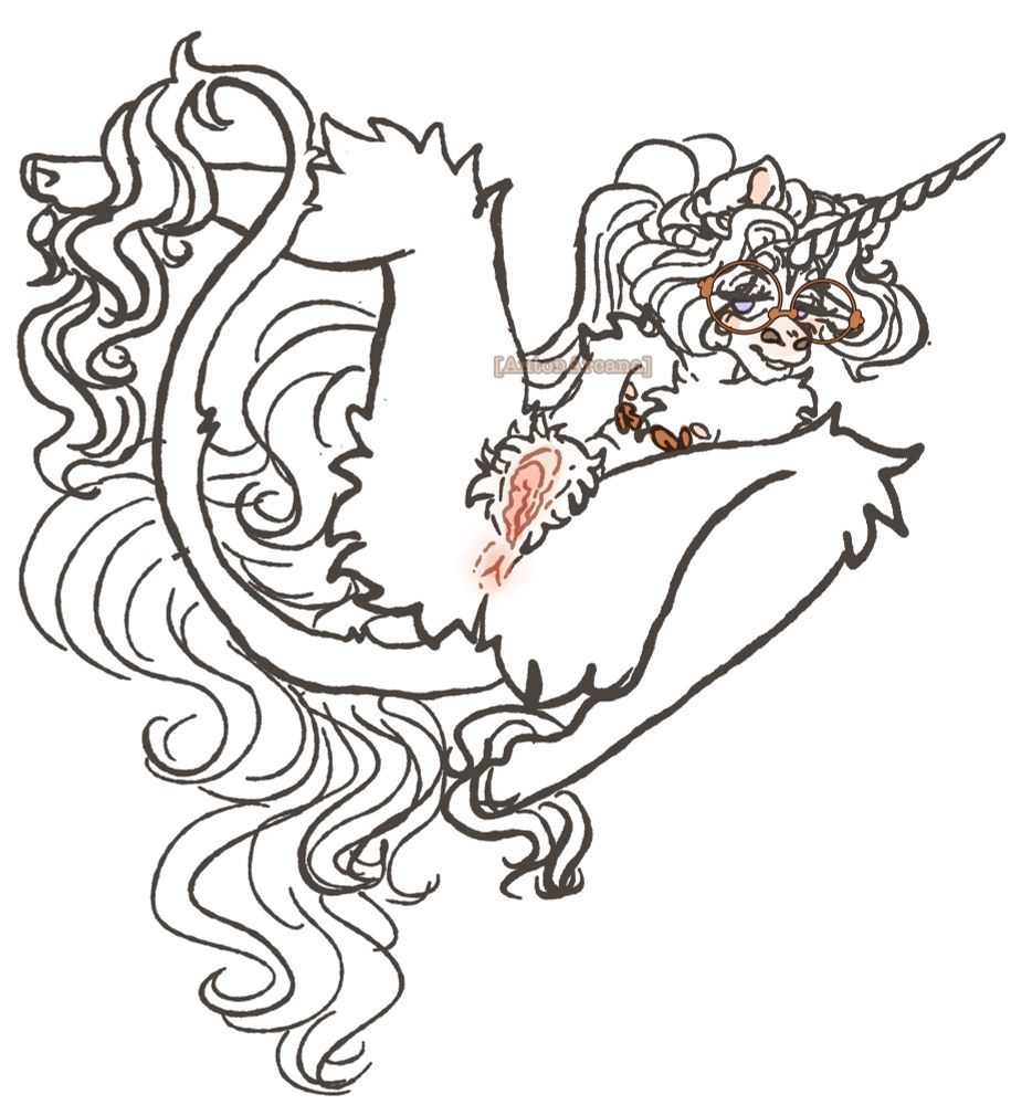 A digital illustration depicting Anton, a thin white unicorn trans man, laying naked on his back with his legs spread, showing off his pussy and decently sized t dick. On his chest are top surgery scars shaped like golden laurel branches, and he is wearing large golden circle glasses.