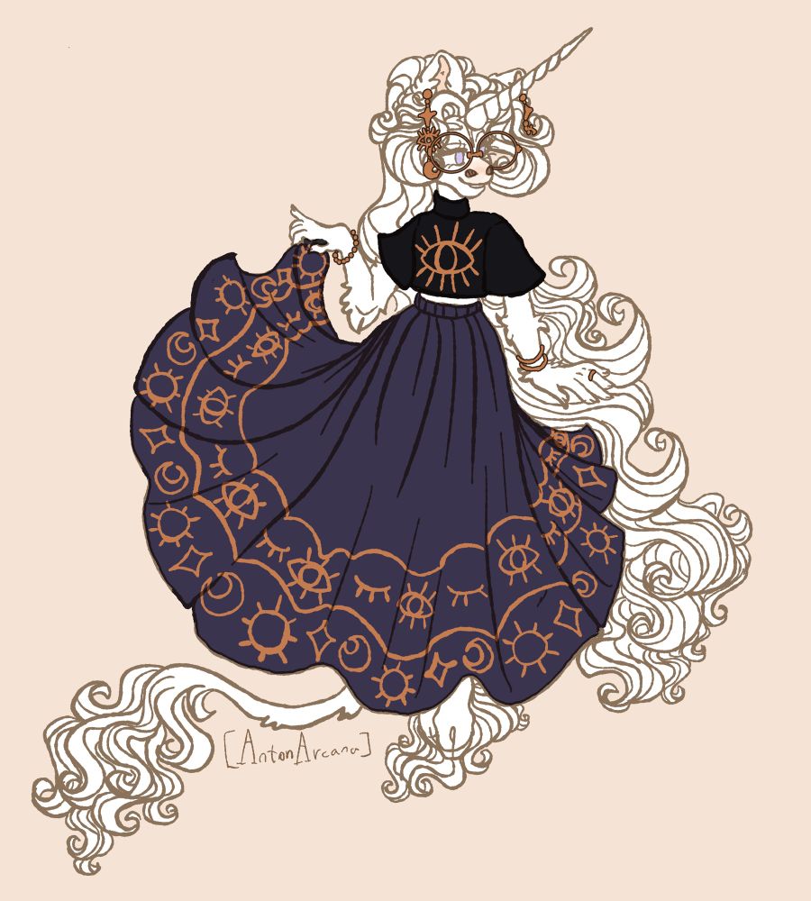 A digital illustration of Anton, a waifish white unicorn man with floor length white head hair, striking a fruity little pose while wearing an outfit consisting of a black turtleneck crop top with a dark eye print, a dark purpleish blue maxi skirt with a dark yellow celestial print across the trim, gold jewelry and large golden circle glasses.