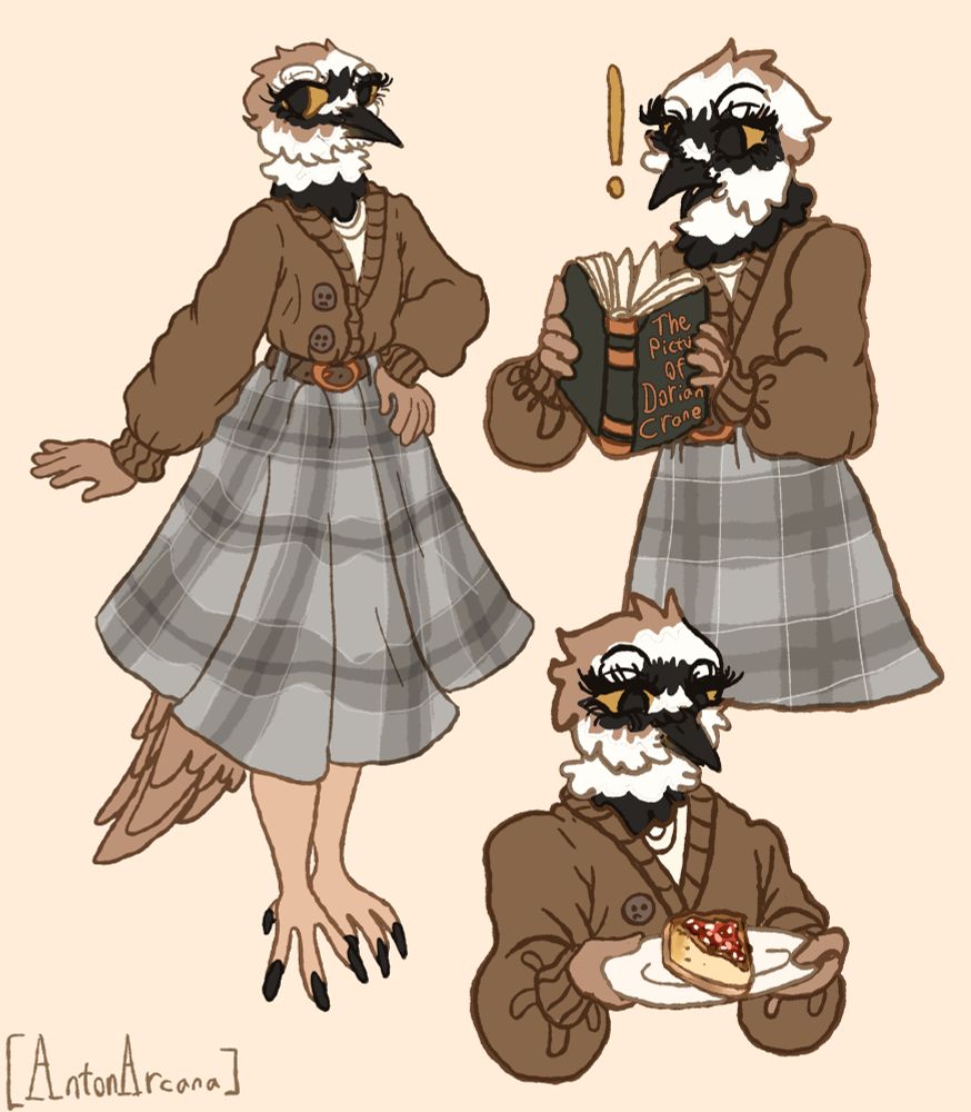 A digital doodle page of a little ringed plover woman in a dark academia inspired outfit consisting of an off white t shirt under a brown knit cardigan and a high waisted grey plaid skirt with a brown belt.

In one doodle she’s standing and striking a little pose as though being photographed.

In another she’s holding a slice of cheesecake on a plate.

In the last one she’s excitedly reading a book titled “The picture of Dorian Crane.”