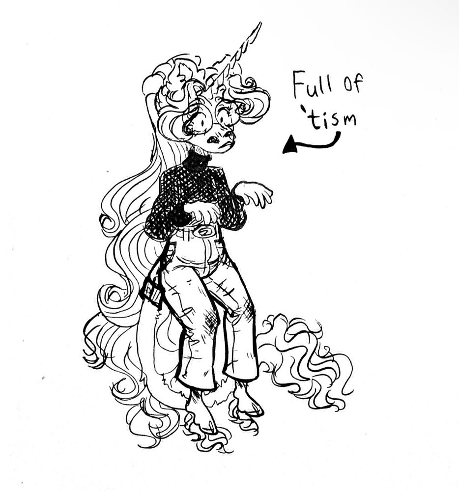 A black ink illustration of Anton the white unicorn man in a standing pose, wearing a slightly confused expression and doing raptor hands. He is annotated with “Full of ‘tism”