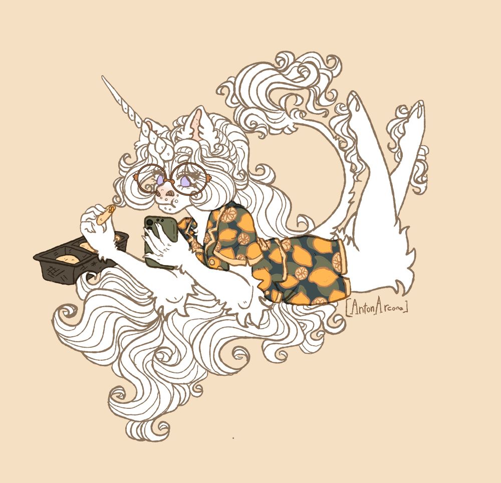 A digital illustration of Anton, a white unicorn man with very long white head hair, laying on his stomach while scrolling on a smartphone with one hand and eating a lemon shortbread cookie held in his other hand. He is wearing PJs with a lemon print and large golden circle glasses.