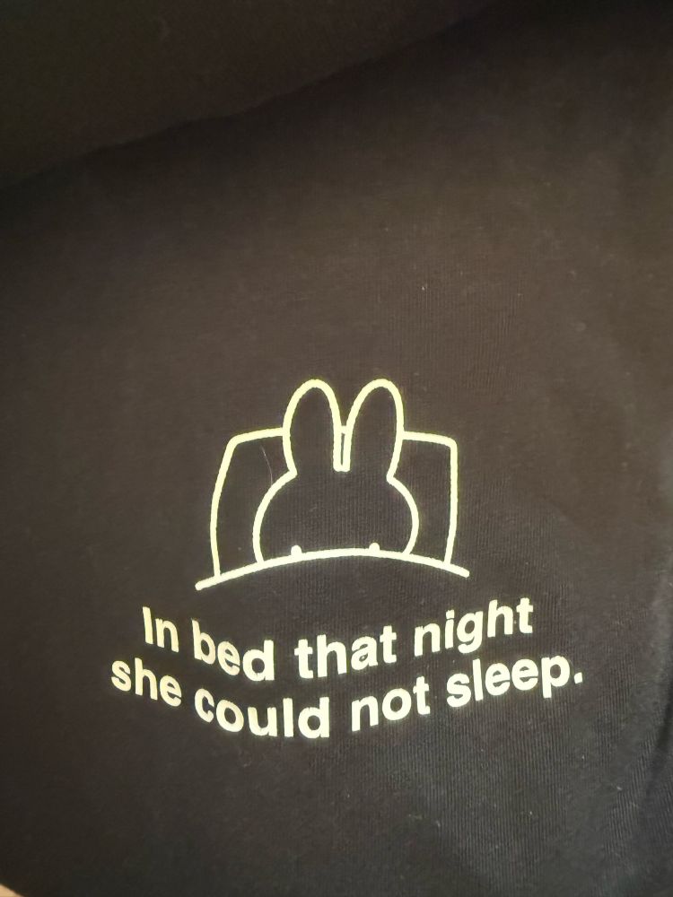 In bed that night she could not sleep. T-Shirt given to me by my parents. 