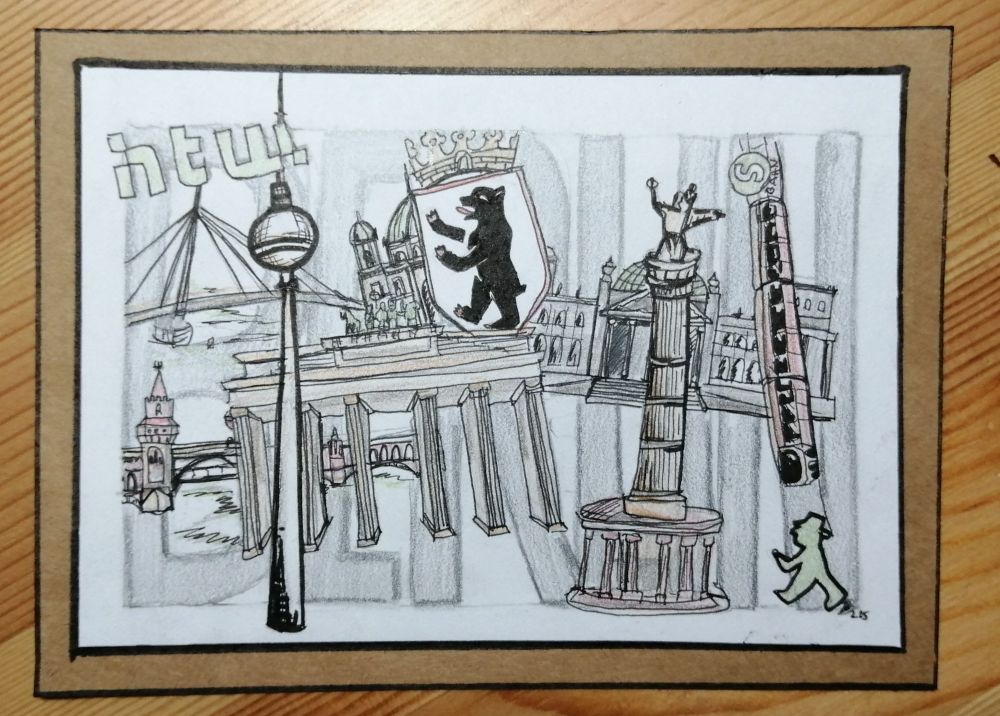 Gezeichnete Karte mit bekannten Berliner Wahrzeichen (Fernsehturm, Siegessäule, Dom, Berliner Wappen etc., sowie dem Logo HTW der zugehörigen Hochschule. Im Hintergrund der Schriftzug Berlin. 