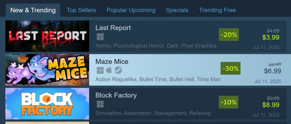 The New & Trending section on Steam with Maze Mice second on the list!