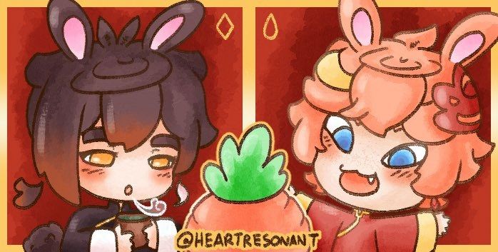 Zhongli and Childe celebrating the Year of the Rabbit as rabbits. Zhongli is blowing off steam from a cup of tea, and Childe is celebrating a huge carrot that they can share.