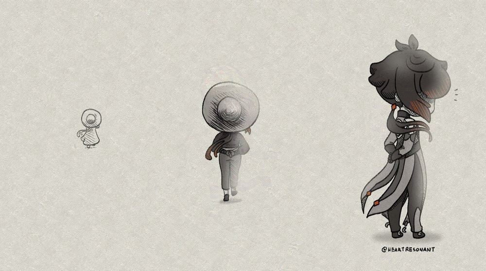In the distance, the silhouette of the mage comes into view. As Ajax gets closer, the person sharing the same soul notices his approach and turns...