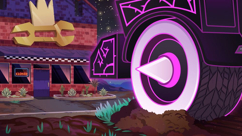 Auto-repair workshop close up background for the Mystery Skulls Animated Hellbent music video with part of Lewis's ghost truck in the scene