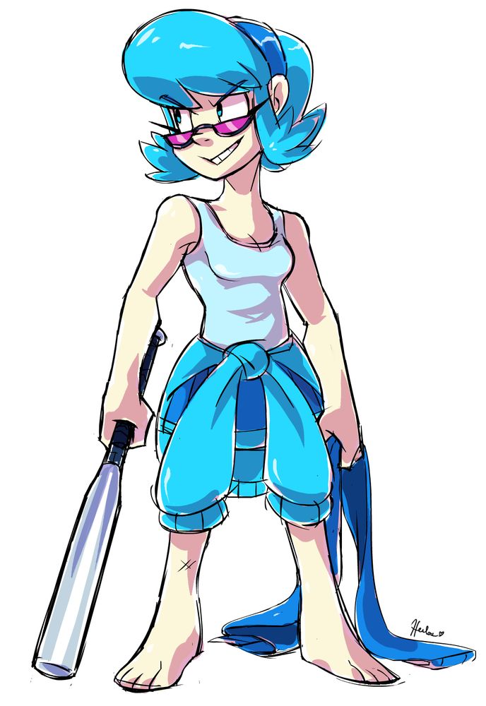 Vivi from Mystery Skulls Animated holding a baseball bat and her scarf with her sweater tied around her waist.