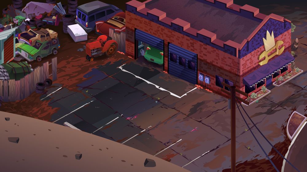Auto-repair workshop background for the Mystery Skulls Animated Hellbent music video