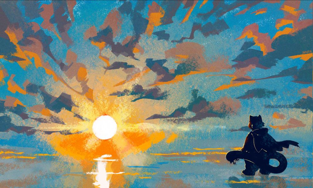 Digital pastel chalk drawing. A small figure cloaked in shadows stands in ocean shallows, looking out to the horizon at the setting sun. Orange and blue clouds spread out across the sky.