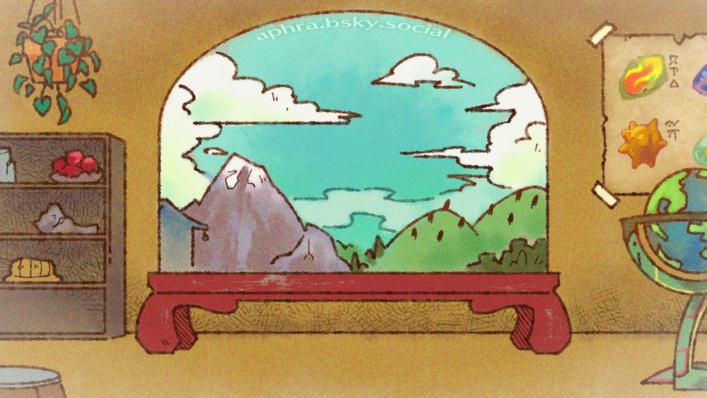 A cozy study room with a geological theme, with diagrams of rocks and a display of various mineral deposits lining the back wall. Mountains, hills, trees, and clouds can be seen through a large arch window. 