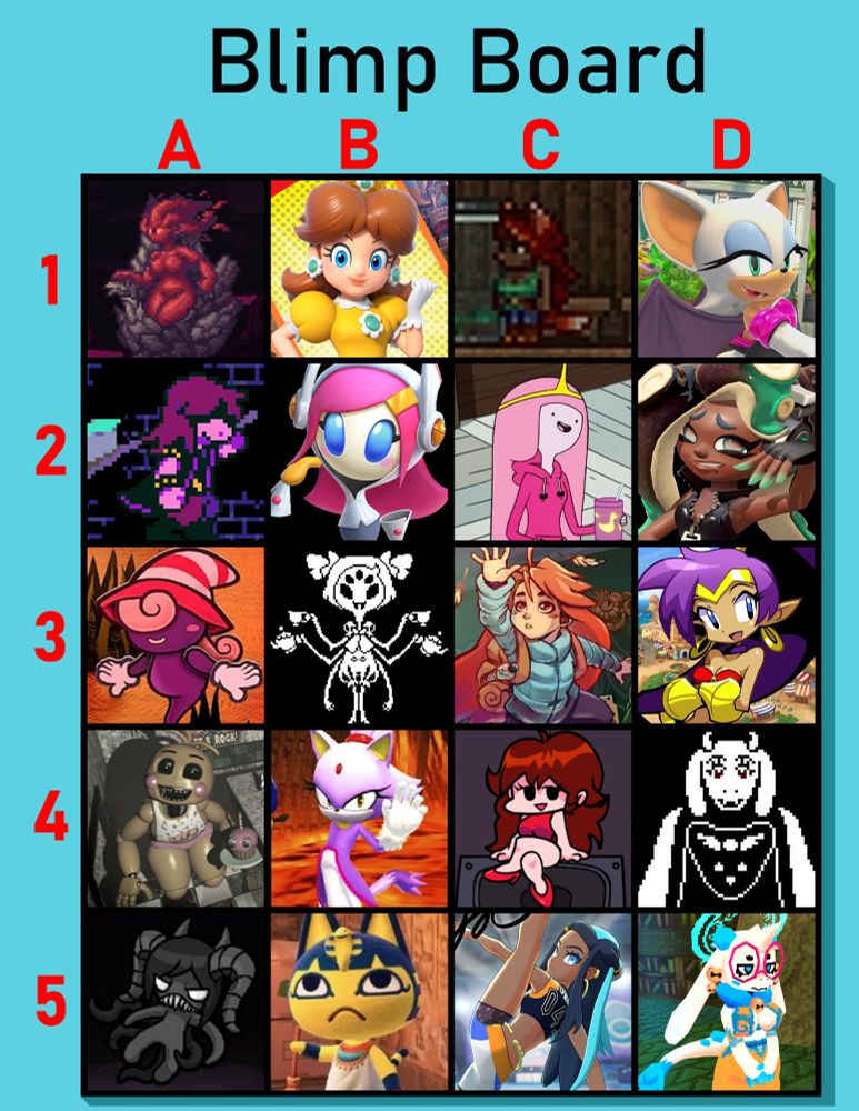 a "blimp board" with various characters on it. read the post to see how it works, but these are the characters;
brimstone elemental - terraria calamity mod
princess daisy - mario
zoologist - terraria
rouge the bat - sonic
susie - deltarune
susie - kirby
princess bubblegum - adventure time
marina - splatoon 2
vivian - paper mario the thousand year door
muffet - undertale
madeline - celeste
shantae - shantae
toy chica - five nights at freddys 2
blaze the cat - sonic
girlfriend - friday night funkin
toriel - undertale
siren - the binding of isaac
ankha - animal crossing
nessa - pokemon sword/shield
angela - atlyss