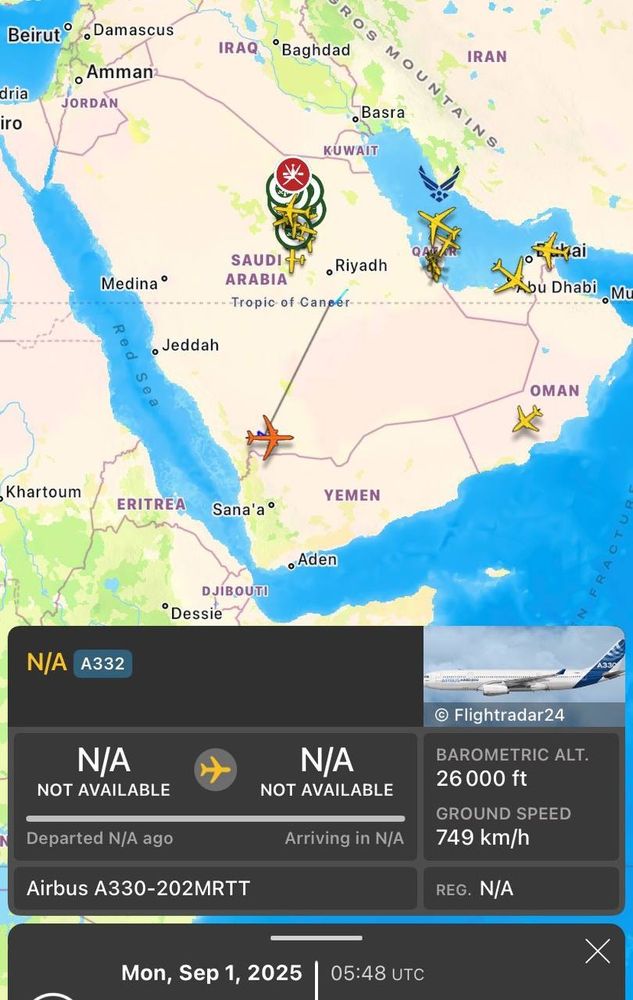 flight pattern of KSA refueling plane close to Yemen border