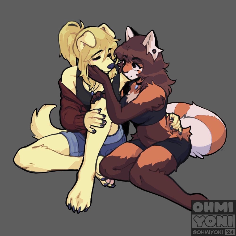 An anthropomorphic golden retriever and red panda are sitting close together, with a hand on one's hip and a hand on the other's cheek.
