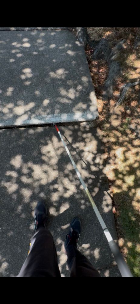 Poorly maintained sidewalk with a divide so wide my white cane is stuck beneath the concrete. Adidas shoes & pants. Thin boney fingers holding cane pencil style. Partially shaded suburbs.