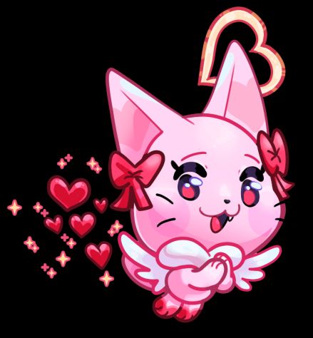 A drawing of a pink, winged, smiling cat. It's wearing red bows and has a heart shaped halo. Pink and yellow sparkles and hearts trail behind her.