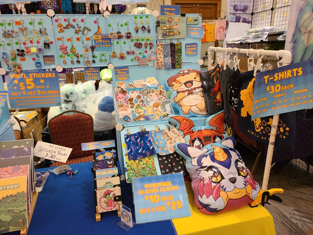 Pillows, stickers, wallets, and t-shirts 