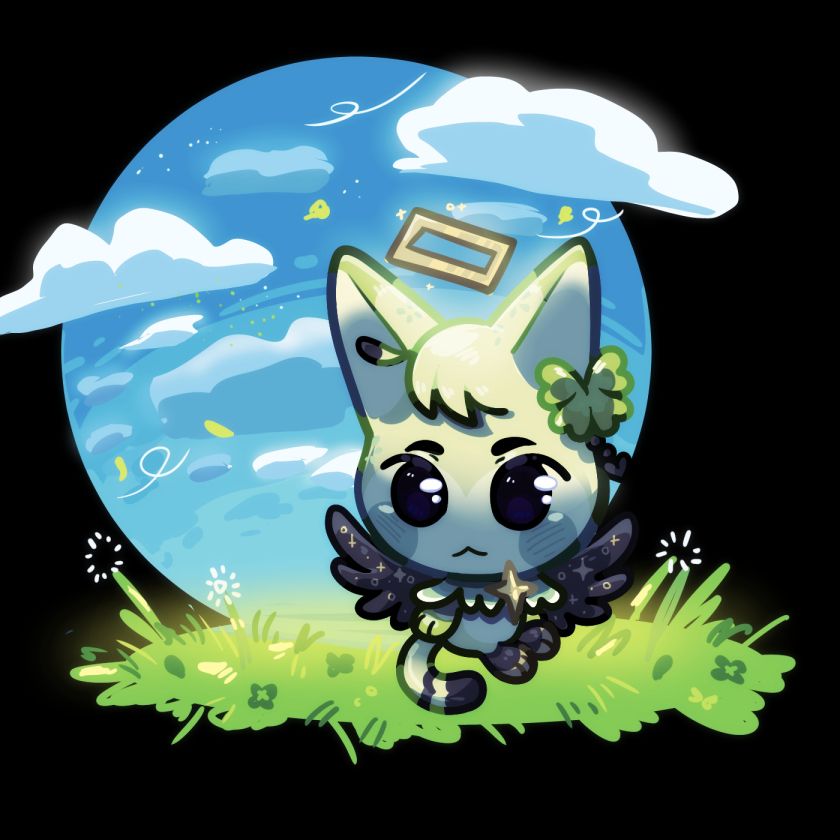 A green and black winged cat sits serenely in a grassy field under a clouded, blue sky.
